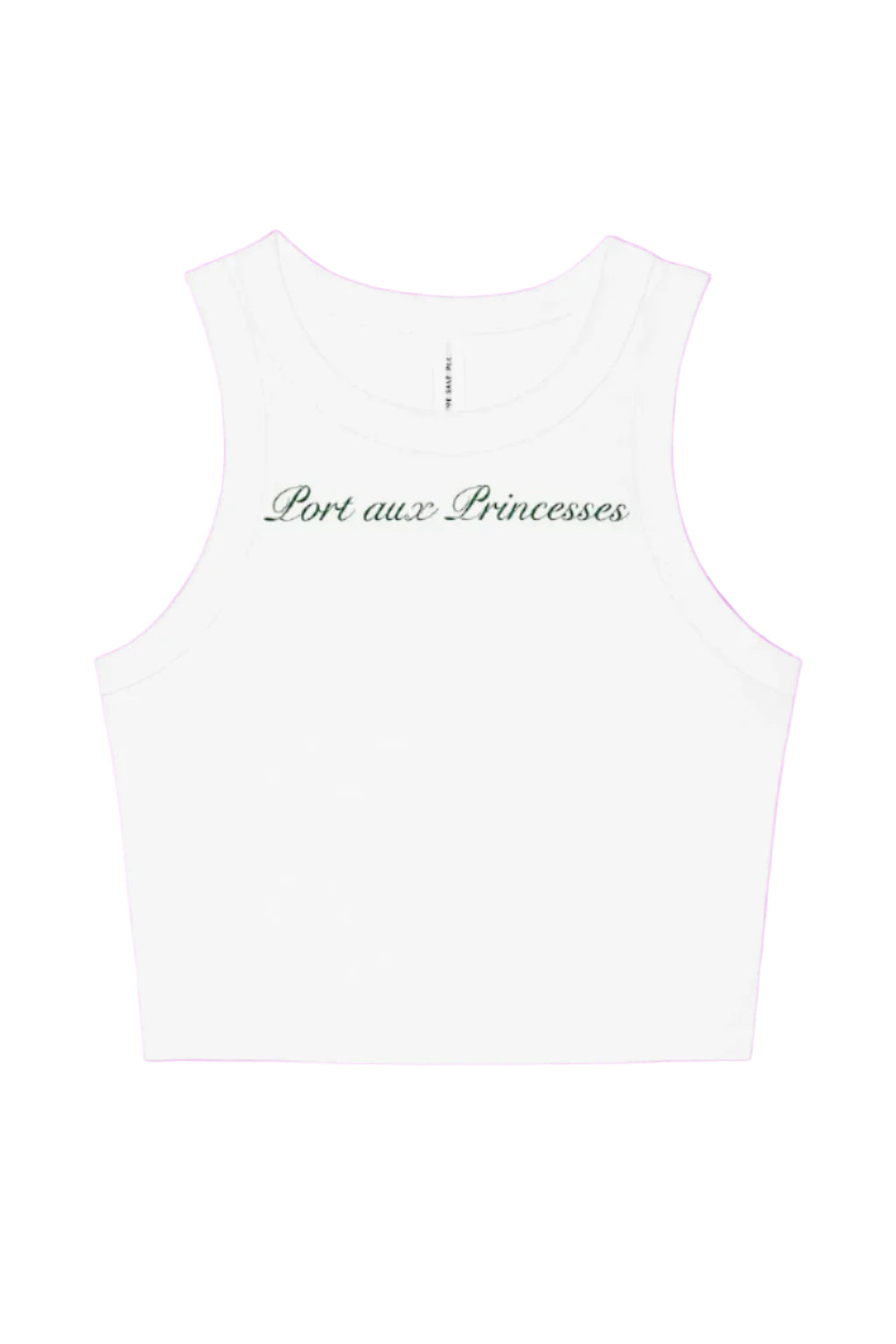 White sleeveless top with 'Port aux Princesses' text on a white background