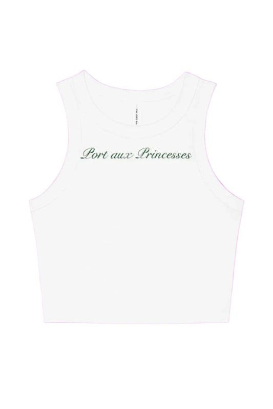 White sleeveless top with 'Port aux Princesses' text on a white background