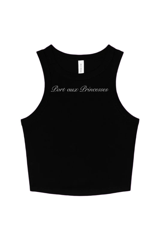 Black tank top with 'Port aux Princesses' text on a white background